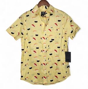 Rebel Star Slim Fit Short Sleeve Shirt in Yellow Sushi Fish Print Size S